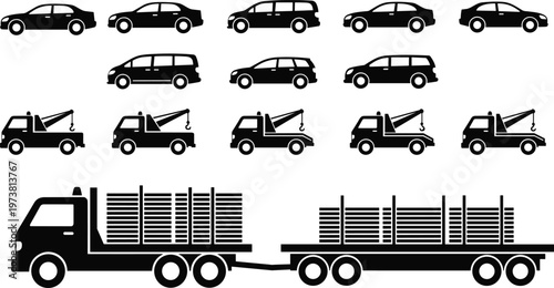 Vehicle silhouettes illustration, passenger cars minivans tow trucks, semi truck trailer cargo transport, automotive design vector, black white industrial artwork