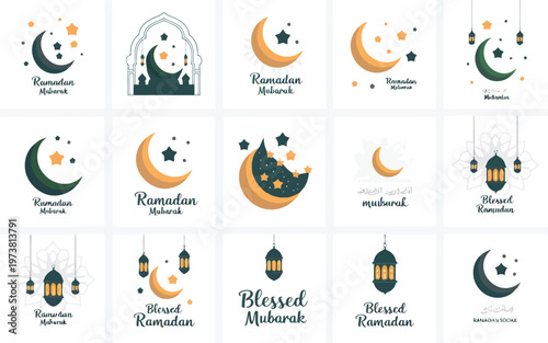 Eid and ramadan greetings with islamic symbols and lanterns designs Vector