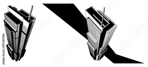 Modern skyscraper office buildings with long shadows in black and white isometric vector style