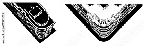 Modern architectural building details with curved balconies in black and white perspective vector style