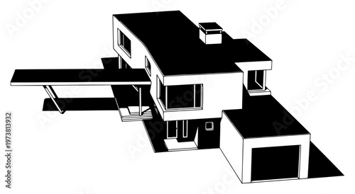 Modern house architecture design featuring minimalist villa with garage in black and white perspective style