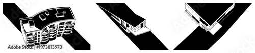 Modern residential houses and apartment buildings with long shadows in black and white isometric vector style