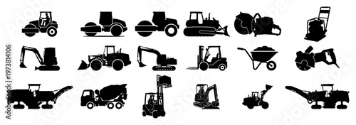 Heavy construction vehicles and machinery silhouettes collection for building projects in flat black style