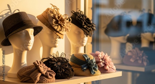 Elegant display of vintage hats on mannequins in boutique window