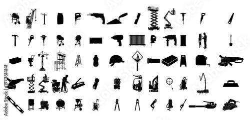 Construction tools and building equipment silhouettes mega set featuring professional manual instruments in flat black style