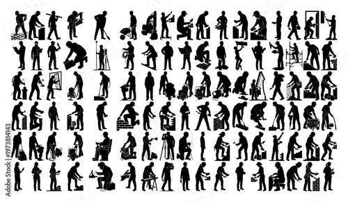 Construction workers and industrial laborers using professional tools for building and renovation in vector silhouette style