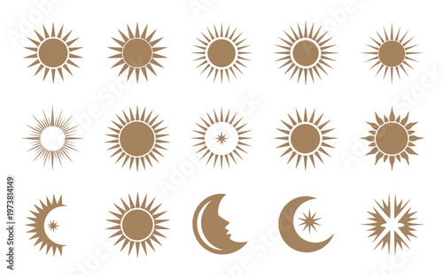 Diverse iconographic representations of celestial bodies and sunburst designs Vector