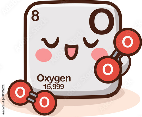 Cute kawaii oxygen element illustration from the periodic table with atomic number 8 and symbol O. Adorable smiling character with oxygen molecules, flat vector design isolated on white. 