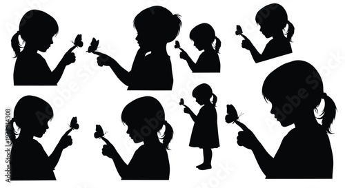 Silhouettes of children interacting with butterflies a playful and whimsical scene