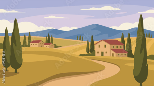 Flat illustration of a picturesque Tuscan countryside with houses and cypress trees