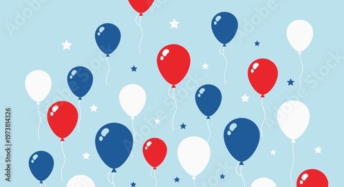 Floating colorful hot air balloons with stars on light blue sky background for celebration and travel themes