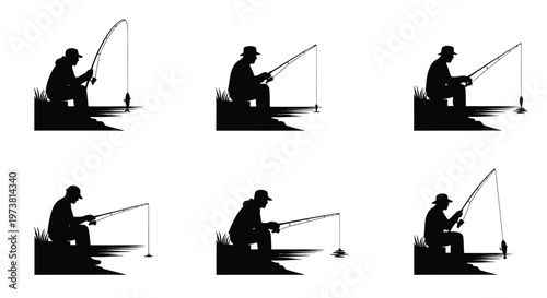 Silhouettes of fishermen patiently waiting with their rods by the water