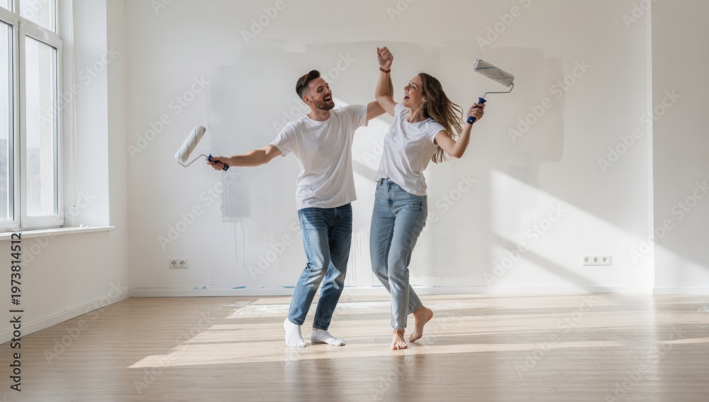 Fototapeta premium Joyful Young Couple Dancing and Celebrating in Their Newly Painted Empty Room Holding Paint Rollers and Radiating Happiness and Excitement for Their Home's Transformation and Shared Future.