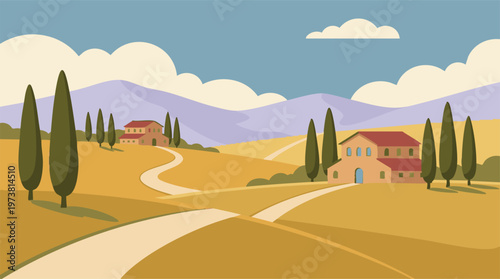 Flat design illustration of a vibrant Tuscan-style countryside landscape