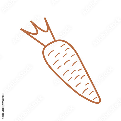 Stylized carrot illustration in brown with tapered shape, curved texture lines, and leafy stems, minimalist clean design on white background, perfect for food, nature, or decorative graphics