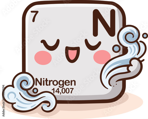 Cute kawaii nitrogen element illustration from the periodic table with atomic number 7 and symbol N. Adorable smiling character with flowing air and wind elements in a soft, playful style. 