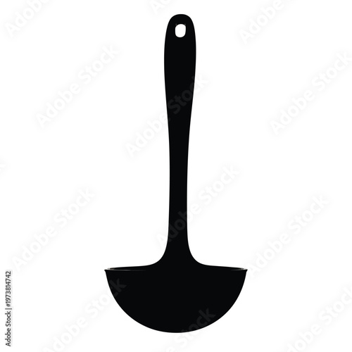 A black illustration of a kitchen scoop with a handle and hole