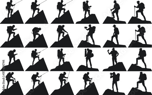 Diverse hikers conquering mountain peaks in various stances Vector