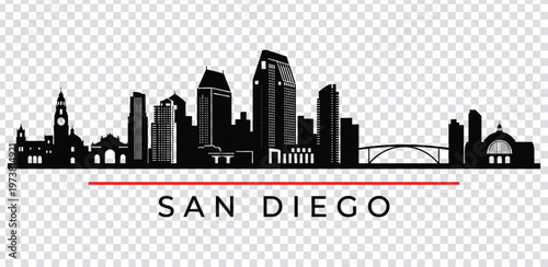 Fotografija Vector illustration san diego city skyline silhouette with red line and text