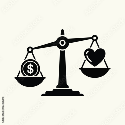 A balanced scale weighing money and heart with symbol on one side and heart on the other.