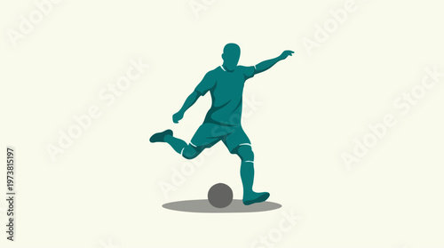 Minimalist vector illustration of a soccer player kicking a football on a light background