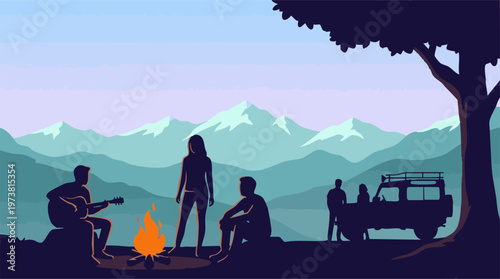 Friends camping in mountain landscape with campfire and guitar at dusk