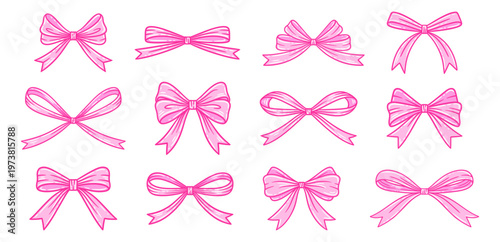 Coquette bows pink set. Cute tied ribbons, hand drawn. Birthday, Wedding, Valentine's gift in vintage style. Baby shower decoration, girl romantic design. Doodle retro lace, vector illustration.