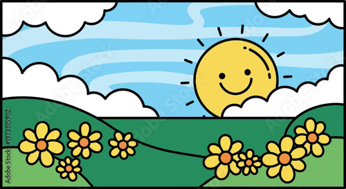 A cartoon sun smiling in a blue sky with white clouds and yellow flowers.