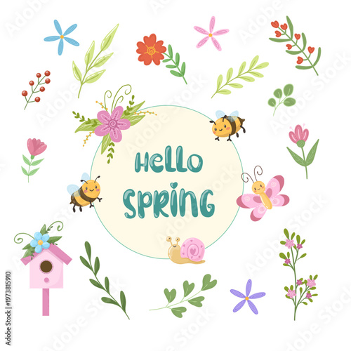 Spring garden collection with cute bees, butterfly and snail. Hand-drawn floral elements and birdhouse vector set