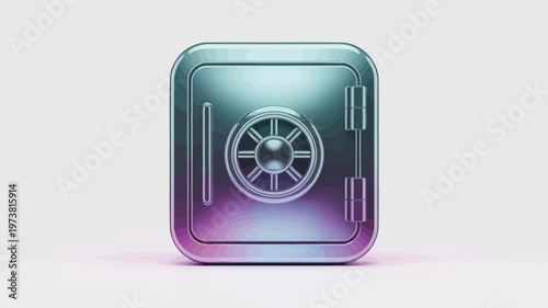 Metallic bank safe box with iridescent holographic finish, secure steel vault icon for financial protection, 3d render style security locker vector