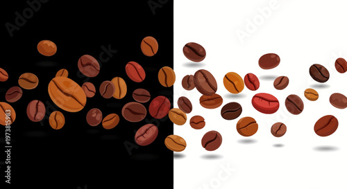Coffee beans spilling on white background.