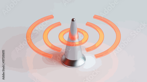 3D isometric wireless signal icon, metallic antenna broadcasting orange radio waves, telecommunication and network connectivity vector illustration