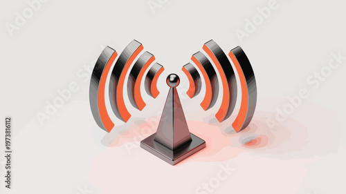 3D wireless signal icon with metallic antenna tower, orange glowing wifi waves, telecommunication and network connectivity vector illustration