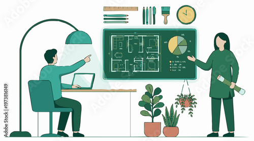 Architects and designers planning interior layout and construction budget