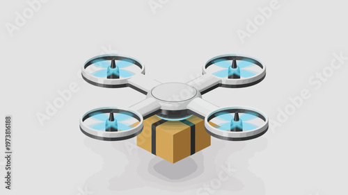 Isometric delivery drone carrying cardboard box, autonomous quadcopter transport vector, white robotic drone logistics and shipping concept