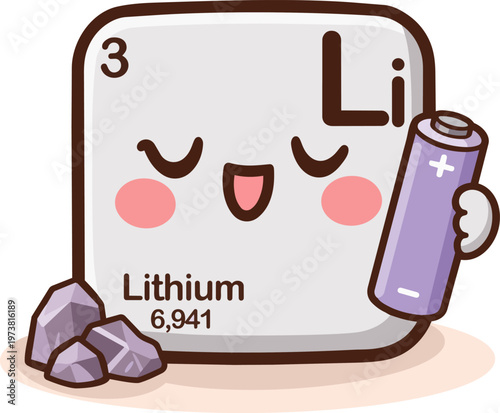 Cute kawaii lithium element illustration styled as an adorable periodic table character. Features atomic number 3 with a smiling face, battery concept and playful design