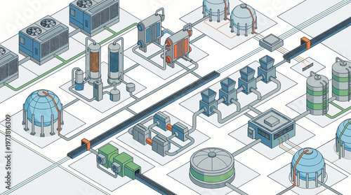 Industrial factory complex with machinery.