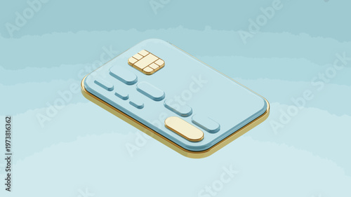 Isometric credit card vector illustration, light blue plastic bank card with gold chip, 3D financial payment icon for banking and e-commerce