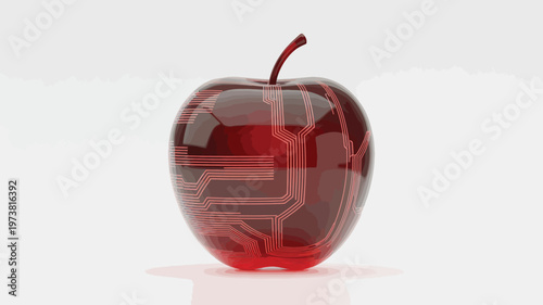 Futuristic digital red apple with internal circuit board patterns, high-tech electronic fruit concept, 3D render of cybernetic organic food