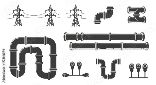 Industrial pipeline and power line icons.