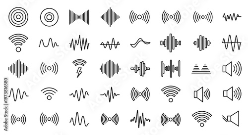 Collection of various audio and wifi signal icons in grey.