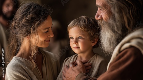 Hannah presenting young Samuel before Eli at the sanctuary, a tender moment of surrender and fulfilled vow.
