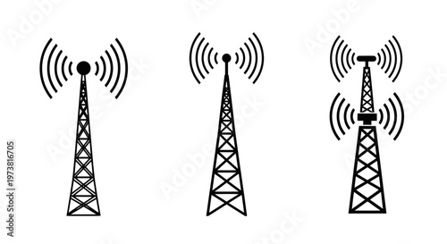 Three black line art cell towers emitting signals.
