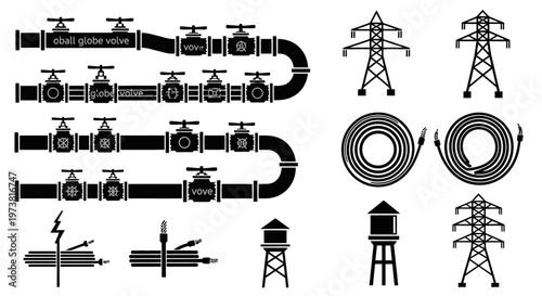 Industrial pipeline and power infrastructure icons.