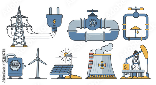 Industrial icons for energy and power generation.