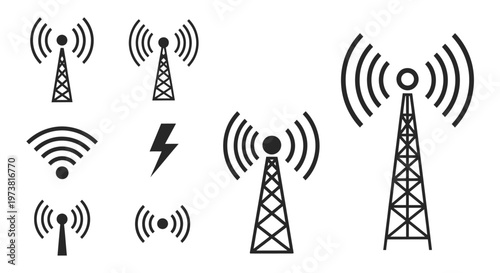 A collection of cell tower icons with signal waves.