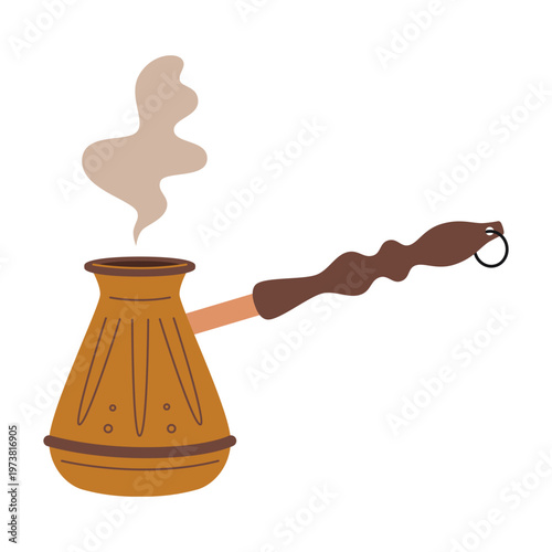 Turkish coffee pot cezve with steam in flat style. Traditional method of brewing coffee. Trendy modern vector illustration isolated on white, hand drawn, flat design