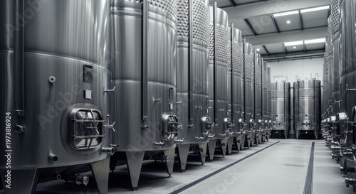 Industrial fermentation tanks in modern brewery facility