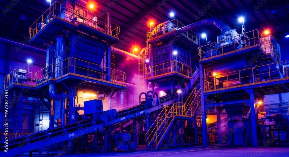 Fototapeta premium Industrial plant with vibrant neon lighting in factory setting