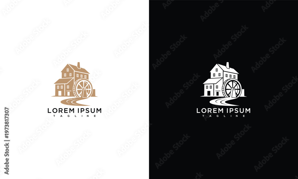 Αυτοκόλλητο Classic Watermill Logo Design Concept with Traditional Architecture and Path